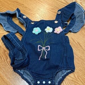 Denim Floral Embroidered Kids Romper